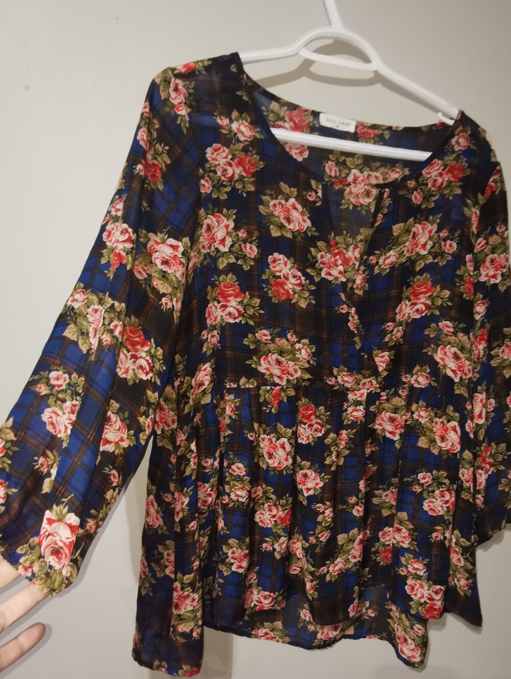 Soulβ Cake Womens Floral Plaid Peplum Blouse Blue Brown Medium Top